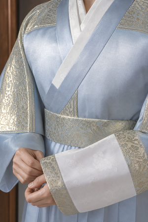 Light blue gold men's Korean hanbok champagne brocade collar belt and sleeve detail