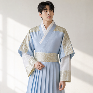 Light blue gold men's Korean hanbok robe set modern product main image with jacquard inner sleeves