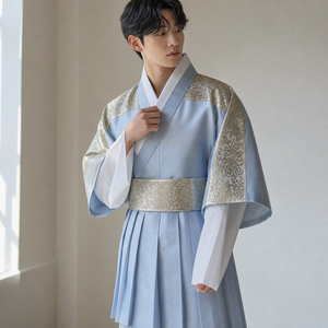 Light blue gold men's Korean hanbok robe set studio upper body product photo