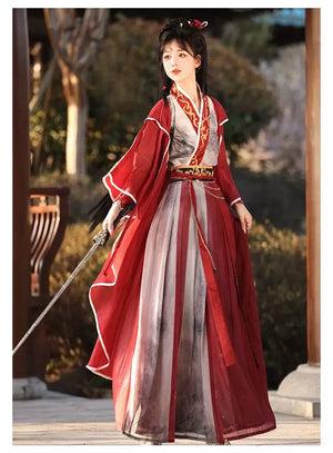 Red modern hanfu dress for women, blending traditional Song Dynasty elegance with contemporary style. Crafted from luxurious silk, this hanfu includes an optional matching coat or jacket, making it suitable for winter, casual outings, or formal occasions like graduations. Available at our online hanfu shop, offering a range of authentic hanfu for sale, this piece combines the beauty of classic Chinese clothing with modern fashion elements from top Chinese brands. Perfect for anyone looking for where to buy 