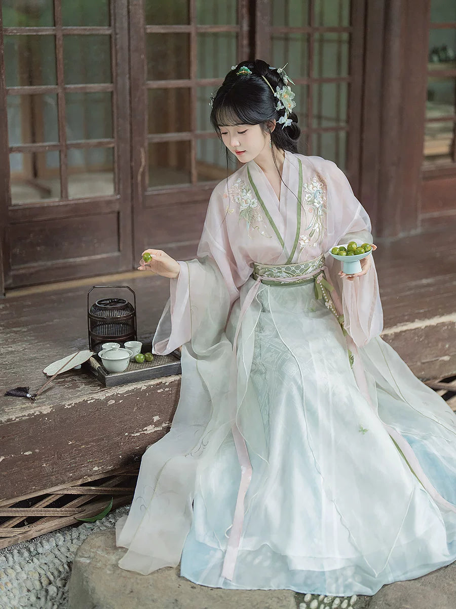 Lvping Hanfu floral duijin shirt and blue skirt product photo