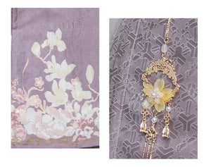 Close-ups of the magnolia skirt motif and the separate floral waist ornament