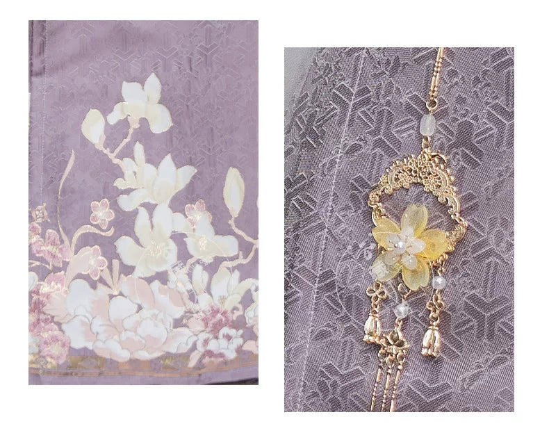 Close-ups of the magnolia skirt motif and the separate floral waist ornament