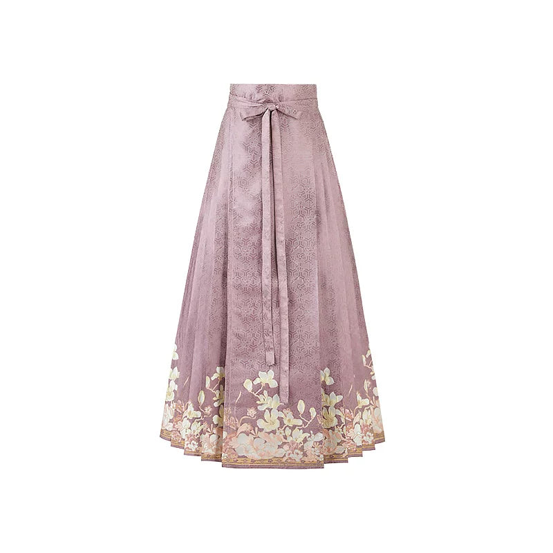 Purple magnolia mamian skirt with tie waistband and cream floral hem