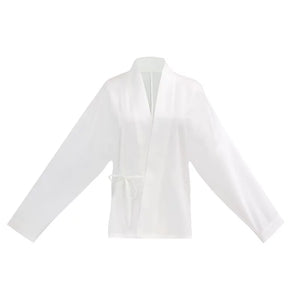 White cross-collar Hanfu blouse with wide sleeves and a side waist tie