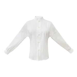White standing-collar Hanfu blouse with front buttons and gathered cuffs