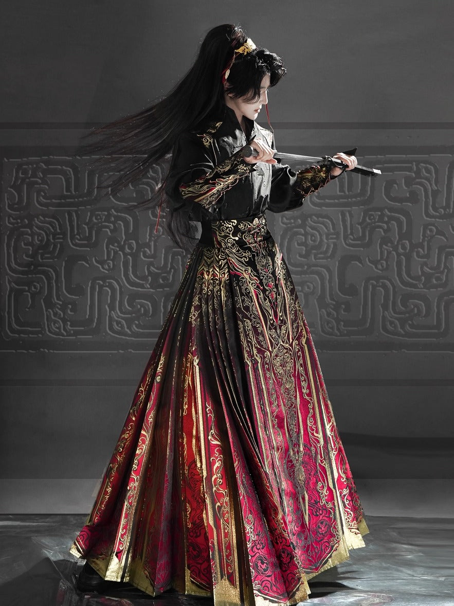 Red Gold Brocade Horse Face Skirt Set