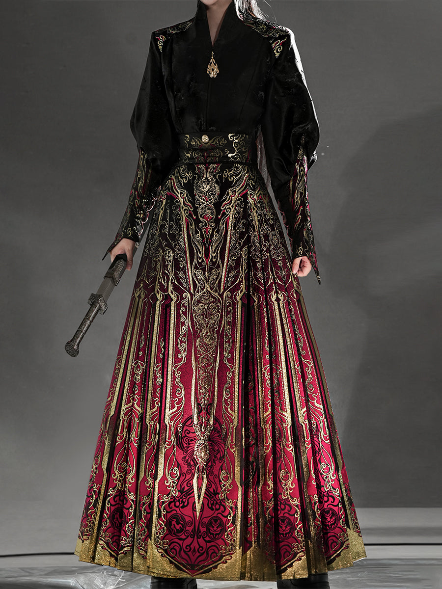 Red Gold Brocade Horse Face Skirt Set