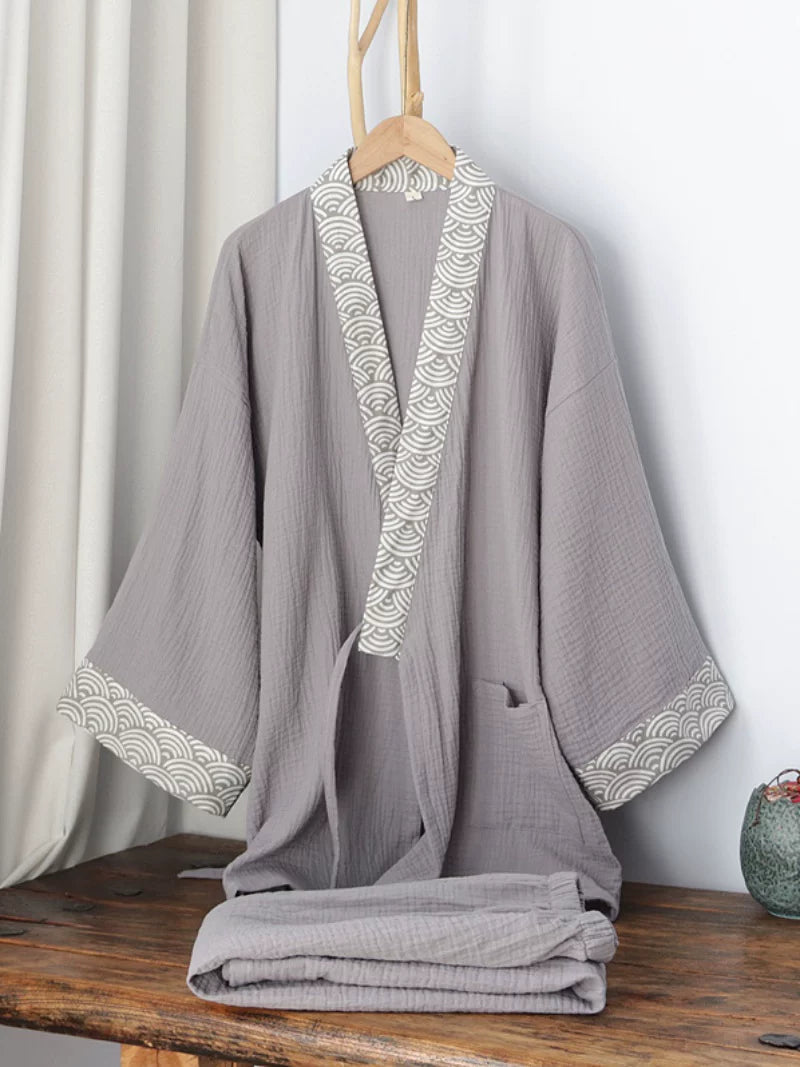 Men's gray two-layer cotton gauze loungewear set with wave-trim crossover top and pants