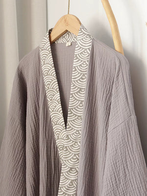 Gray Han-inspired loungewear set with seigaiha wave-pattern collar and cuffs