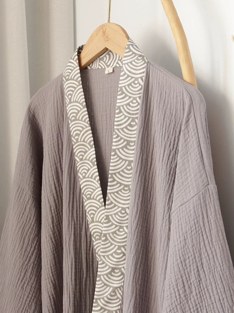 Gray Han-inspired loungewear set with seigaiha wave-pattern collar and cuffs
