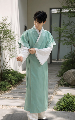 Mint green men's Korean hanbok long robe set garden lifestyle product photo
