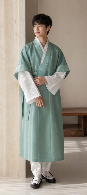 Mint green men's Korean hanbok long robe set indoor lifestyle product photo
