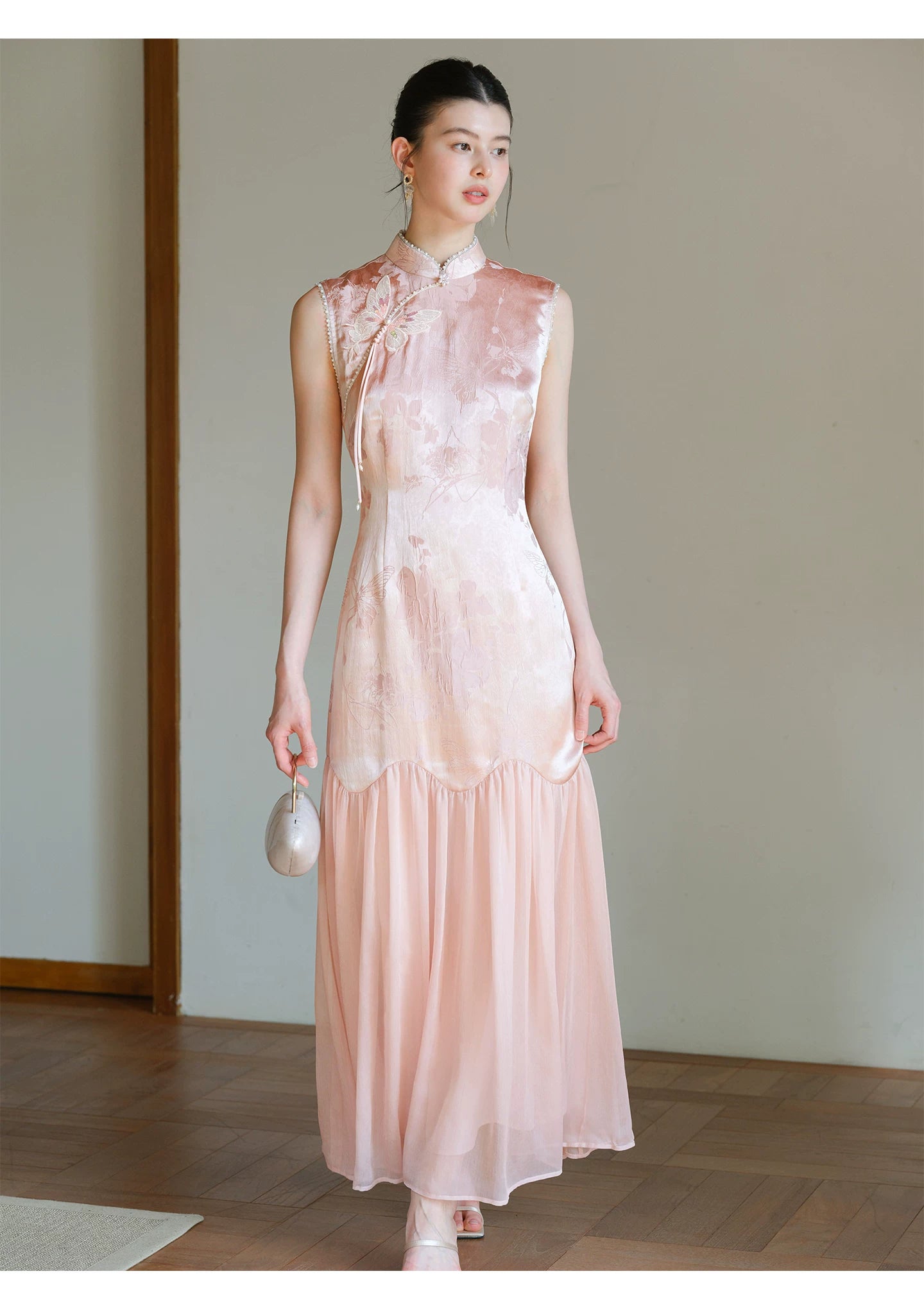 Detailed product image of the Misty Blush floral jacquard cheongsam dress, showing fabric texture, finish and craftsmanship.