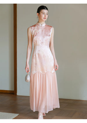 Detailed product image of the Misty Blush floral jacquard cheongsam dress, showing fabric texture, finish and craftsmanship.