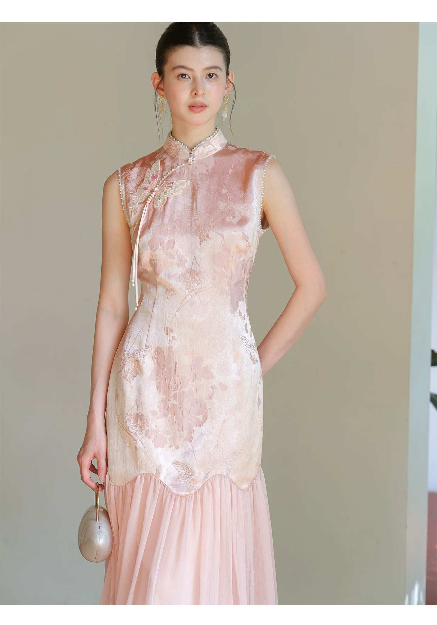Silhouette and fit view of the Misty Blush floral jacquard cheongsam dress, a contemporary modern pink qipao dress.