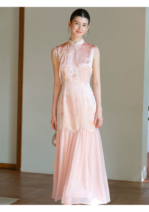 Occasion styling image of the Misty Blush floral jacquard cheongsam dress, presented as an elegant modern pink qipao dress.