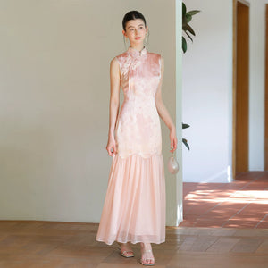 Detailed product image of the Misty Blush floral jacquard cheongsam dress, showing fabric texture, finish and craftsmanship.