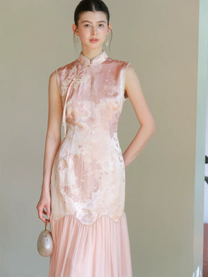 Three-quarter product view of the Misty Blush floral jacquard cheongsam dress, a refined modern pink qipao dress for elegant occasions.