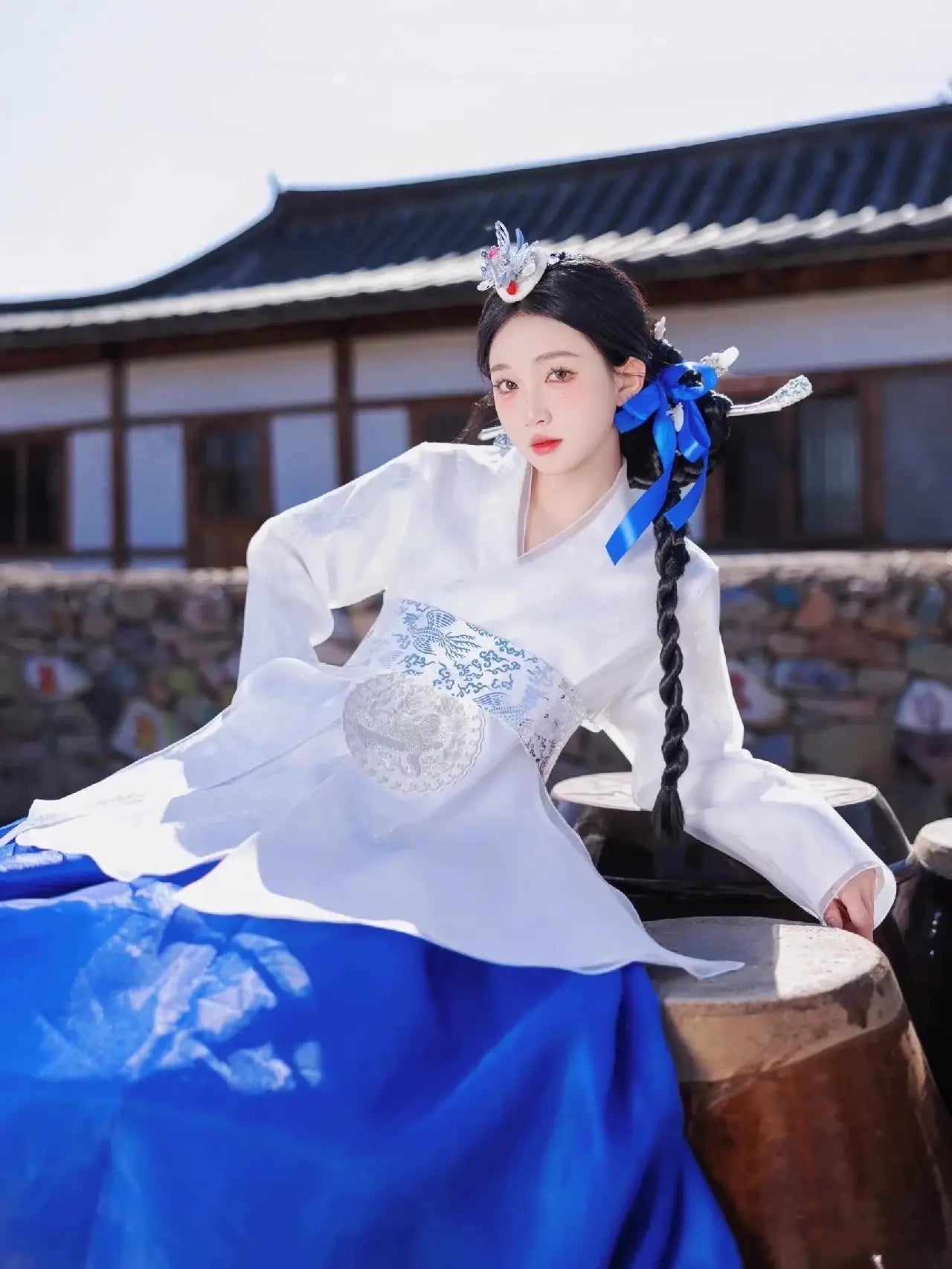 Blue & white princess hanbok for women – modern Korean palace-style traditional dress with flowing skirt, perfect for weddings, performances, events, and photoshoots