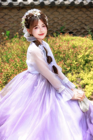 Modern purple princess hanbok for women – flowy traditional Korean palace dress with draped sleeves, ideal for performances, cosplay, events, and photoshoots