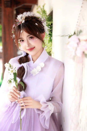 Modern purple princess hanbok for women – flowy traditional Korean palace dress with draped sleeves, ideal for performances, cosplay, events, and photoshoots