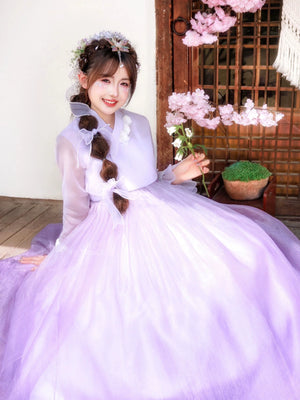 Modern purple princess hanbok for women – flowy traditional Korean palace dress with draped sleeves, ideal for performances, cosplay, events, and photoshoots