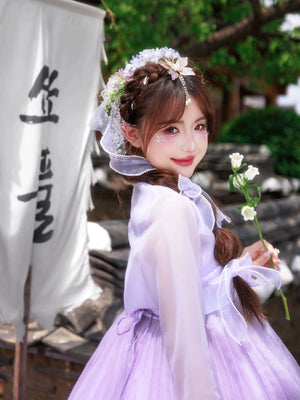 Modern purple princess hanbok for women – flowy traditional Korean palace dress with draped sleeves, ideal for performances, cosplay, events, and photoshoots