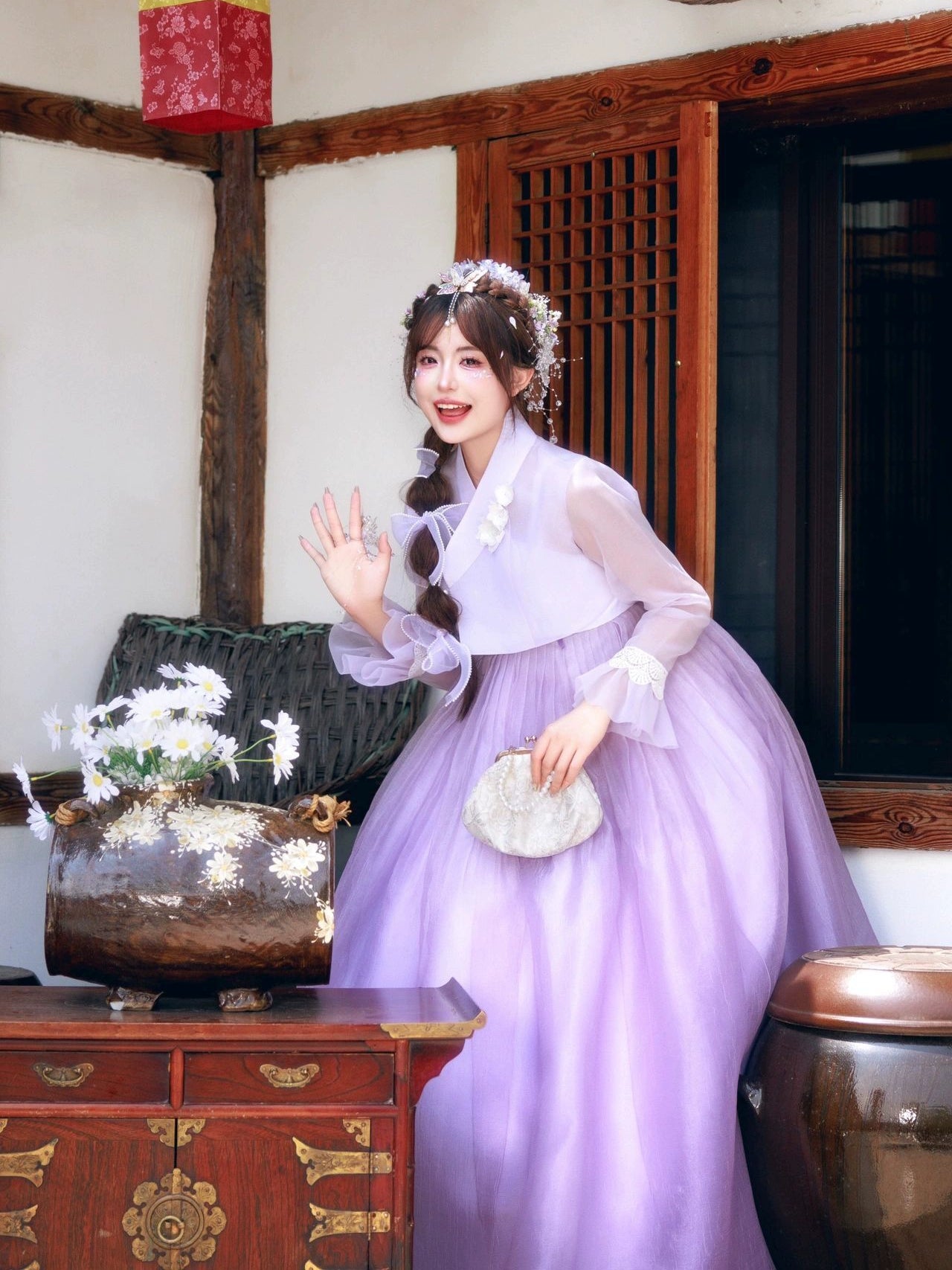 Modern purple princess hanbok for women – flowy traditional Korean palace dress with draped sleeves, ideal for performances, cosplay, events, and photoshoots