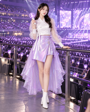 Moonlit Wisteria purple hanbok concert outfit styled with white boots and a light stick in a purple-lit arena.