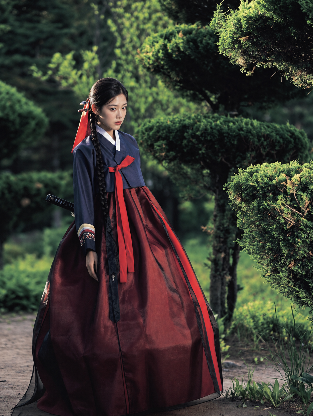 Navy and burgundy Hanbok in a garden with sheer black skirt overlay