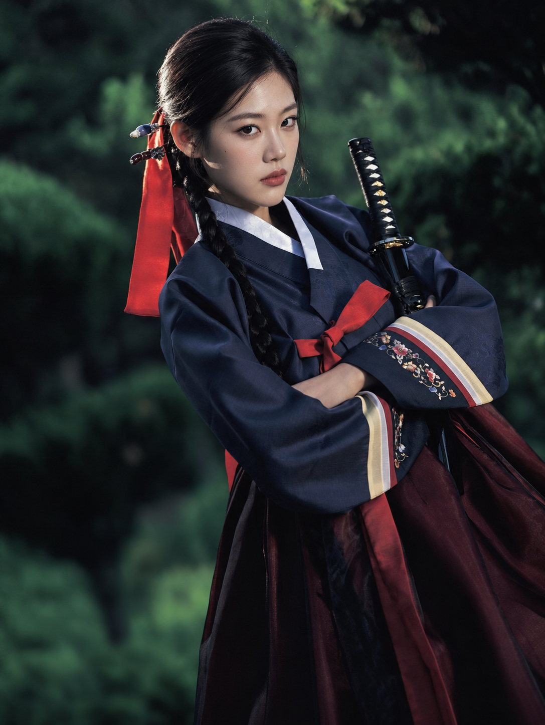 Floral cuff detail on navy Hanbok jacket