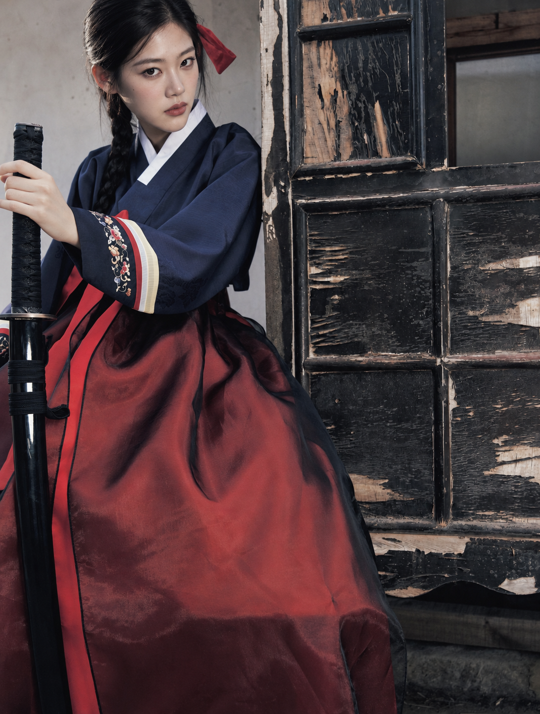 Navy jeogori and burgundy skirt detail beside a wooden door