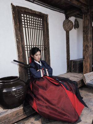 Seated view of navy and burgundy Hanbok ensemble