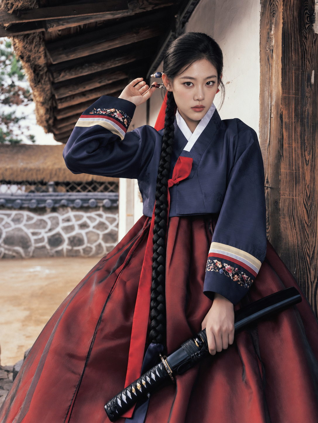 Front view of navy Hanbok jacket with floral cuffs and burgundy skirt