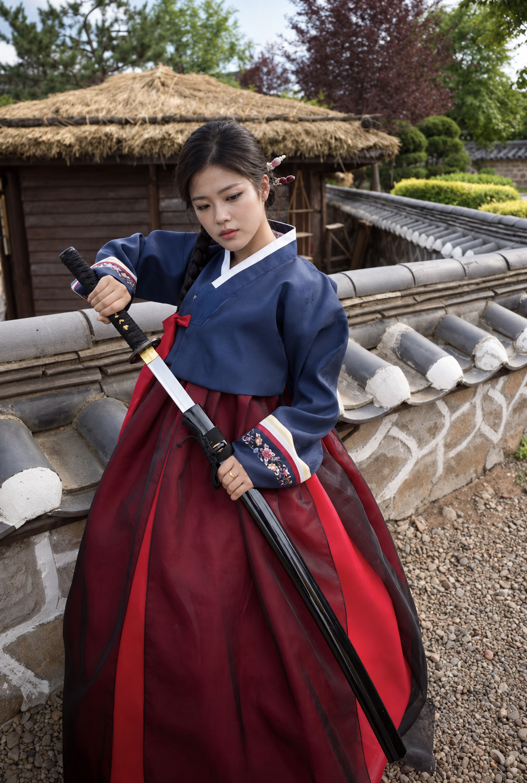 Outdoor view of navy and burgundy Hanbok showing red ribbon details
