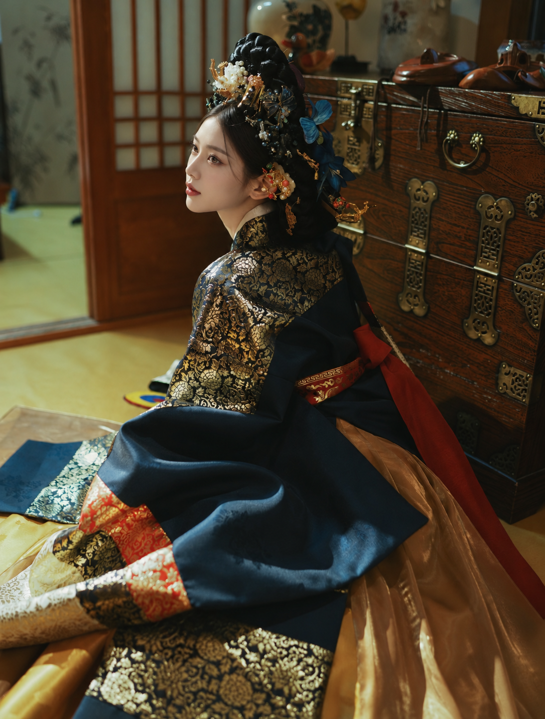 Navy and gold court-style Hanbok showing the back shoulder panel and sleeve drape, over-shoulder view