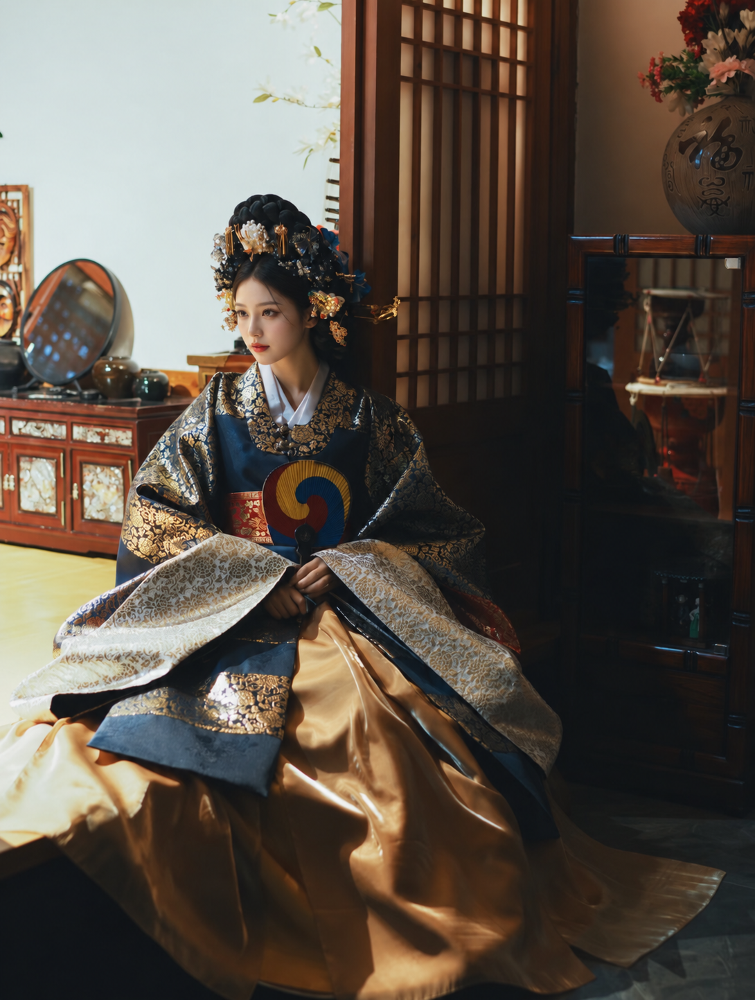 Navy and gold court-style Hanbok with a champagne-gold skirt, seated three-quarter view