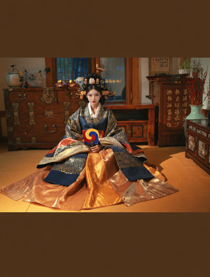 Navy and gold court-style Hanbok showing the full champagne-gold skirt and wide sleeves, seated front view