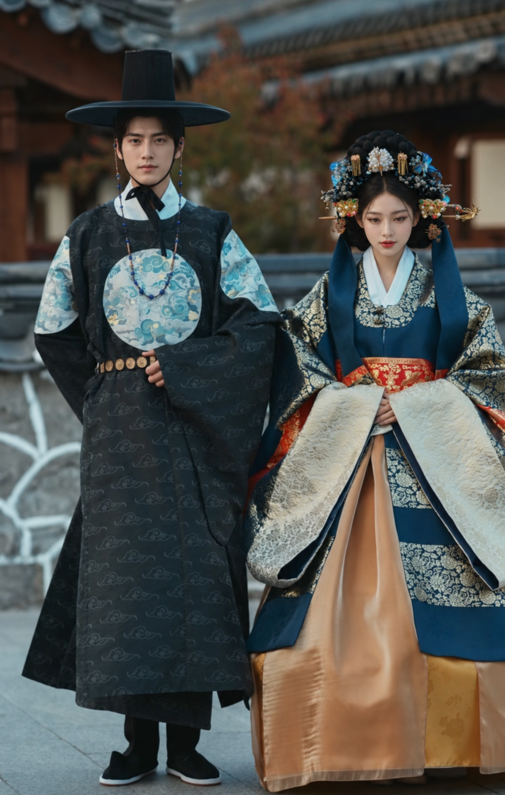 Woman in navy and gold court-style Hanbok beside a man in a black ceremonial robe, full-length styling photograph