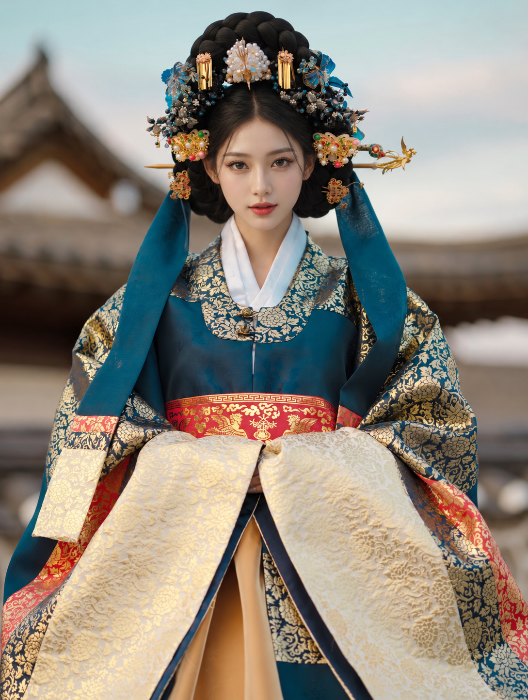 Navy and gold court-style Hanbok with ivory-gold wide cuffs, red sash and ornate hair styling, front portrait