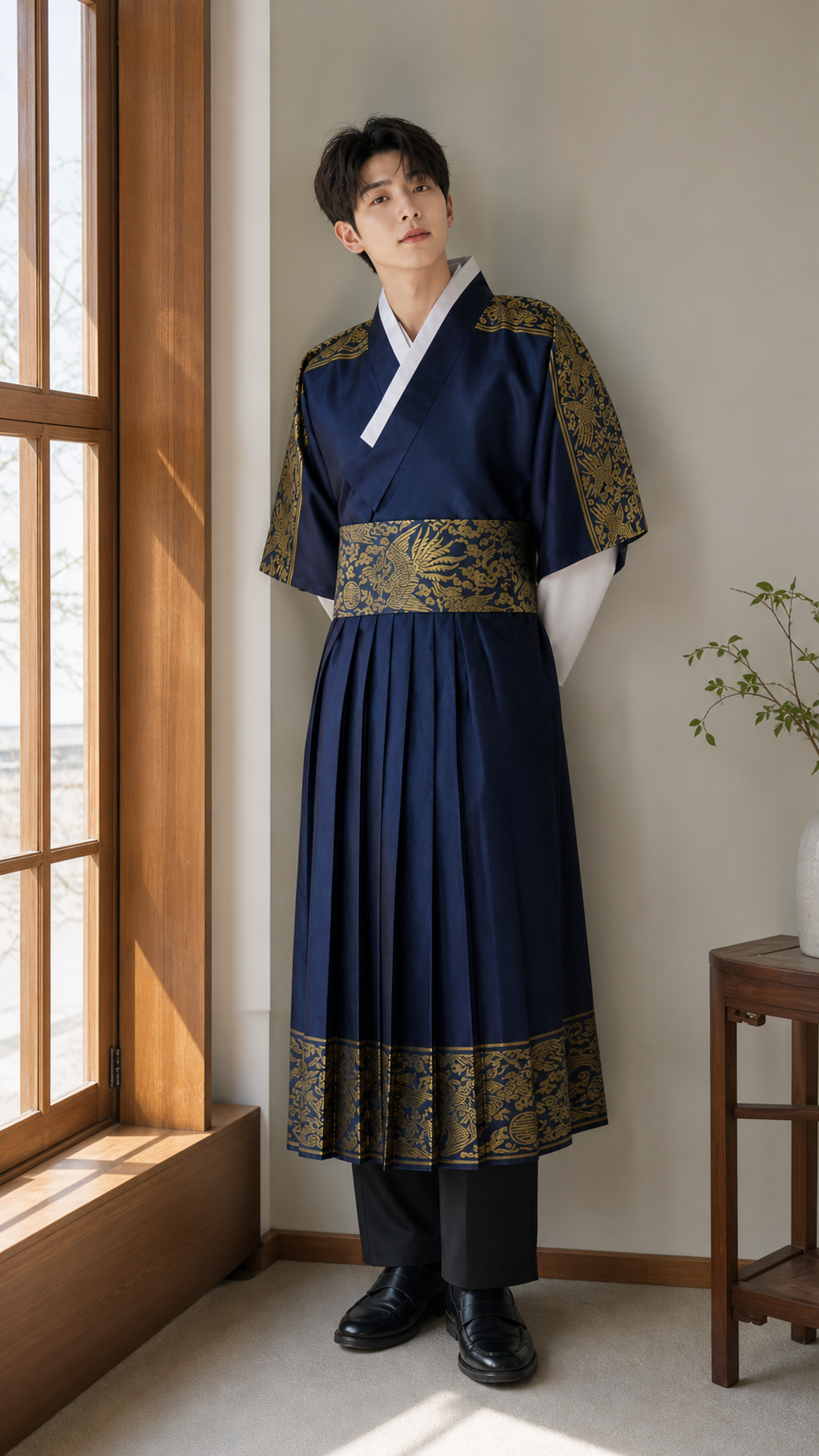 Navy gold men's Korean hanbok robe set indoor window lifestyle photo