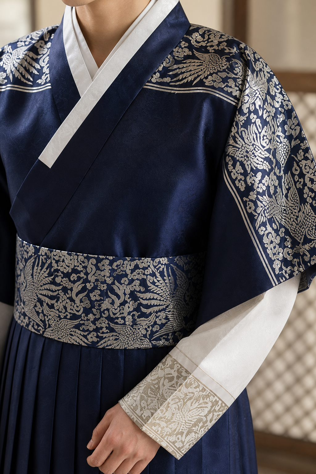 Navy silver men's Korean hanbok robe set silver brocade cuff belt and fabric detail
