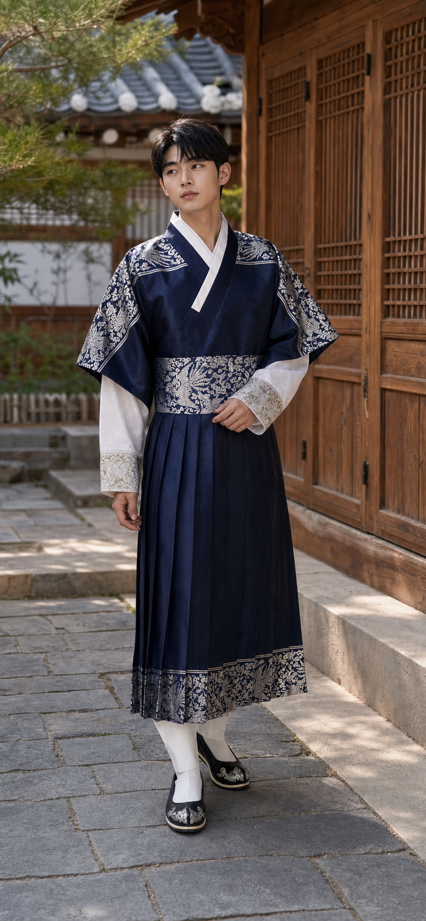 Navy silver men's Korean hanbok robe set hanok walking lifestyle photo