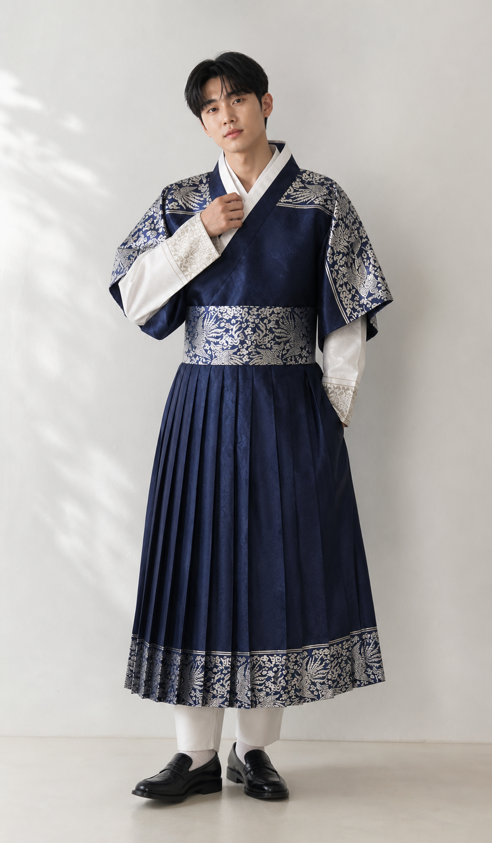 Navy silver men's Korean hanbok robe set clean modern product main image