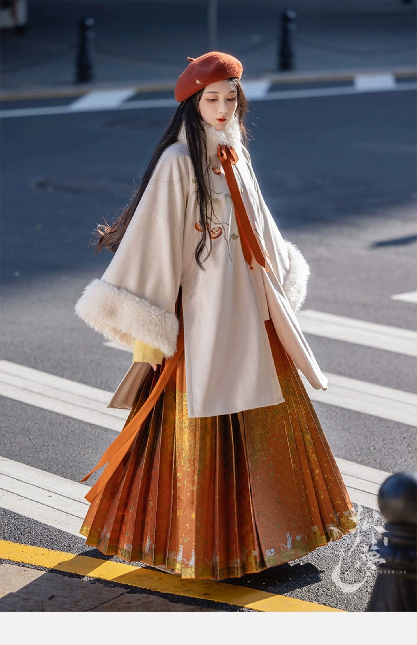 Orange modern hanfu dress for women, inspired by traditional Song Dynasty style and crafted from luxurious silk. This versatile hanfu includes a coordinating coat or jacket, making it ideal for winter wear, Chinese New Year celebrations, or casual outings. Suitable for events such as graduations and cosplay, this hanfu blends classic Chinese elegance with contemporary fashion, perfect for anyone looking for where to buy hanfu or shop authentic hanfu for sale. Available at our online hanfu shop, offering opt