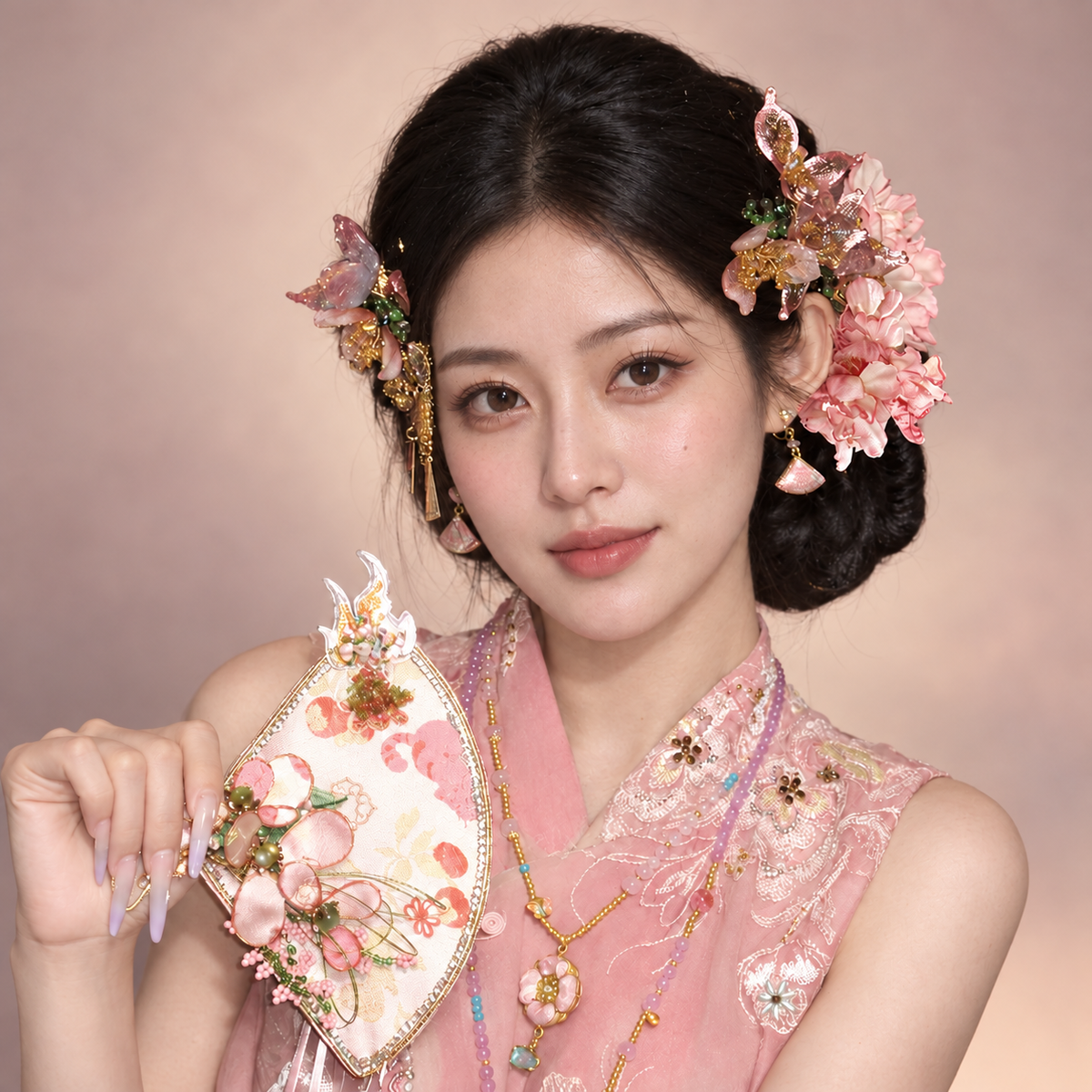 Peach Blossom bridal hair ornaments styled with a pink outfit
