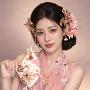 Peach Blossom bridal hair ornaments styled with a pink outfit