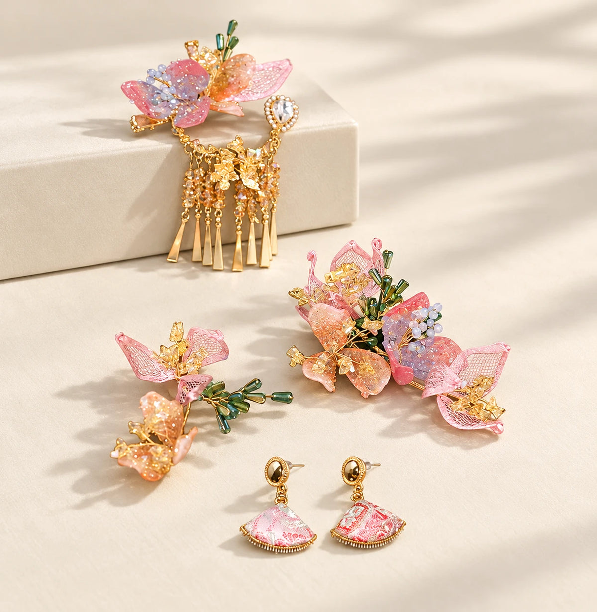 Peach Blossom five-piece bridal set with pink floral hairpins and fan earrings