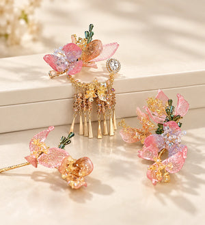 Peach Blossom pink floral ornaments with gold tassel details